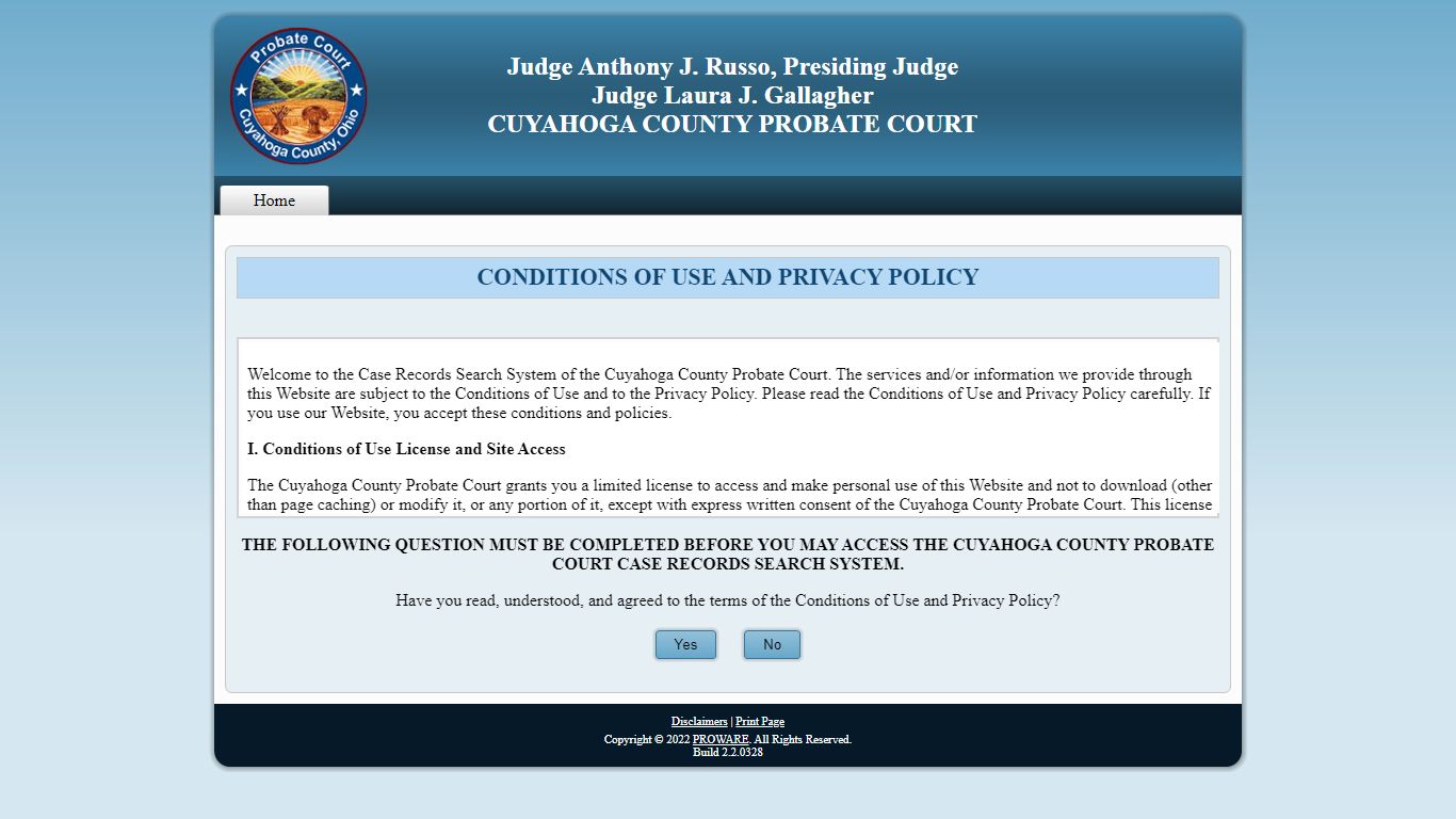 Web Docket Terms of Service - Cuyahoga County Probate Court